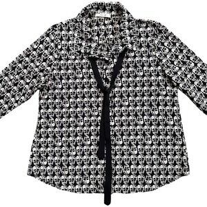Jessy B Skull Print Blouse Womens L Black White Fair‎ Tie Neck Goth Edgy